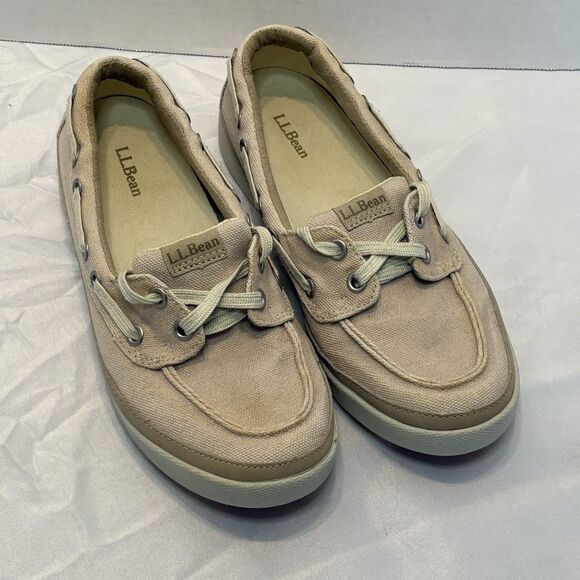 L.L.Bean Boat Shoes Cream Canvas Flats Lace Up Outdoor 274408 Women's Size 7 - Picture 1 of 10